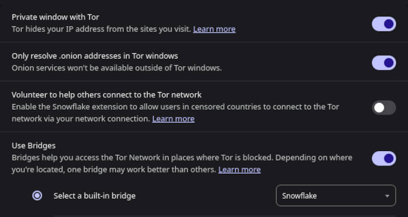 Brave Browser menu settings for using the integrated tor
    instance to unblock websites