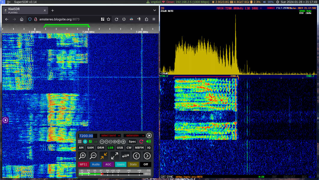 A Skywave Linux version 5 fun comparison of a web browser KiwiSDR versus
the SuperSDR client tuned to wild ham radio ops on 7200 kHz.