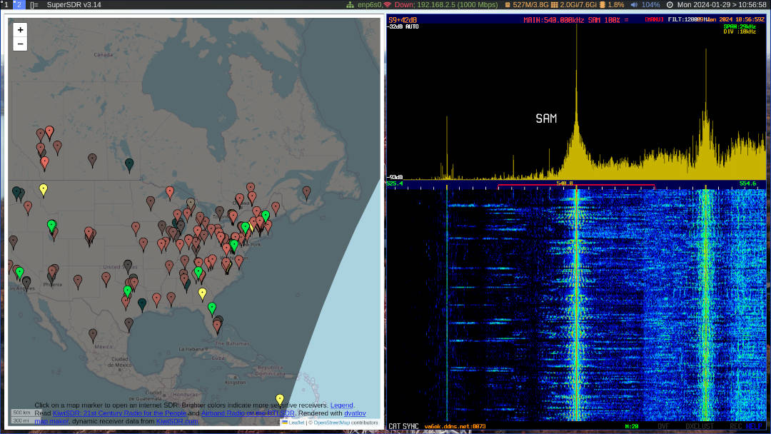 A split screen showing a KiwiSDR map on the left and a KiwiSDR client on the
right, tuned to CBC radio.